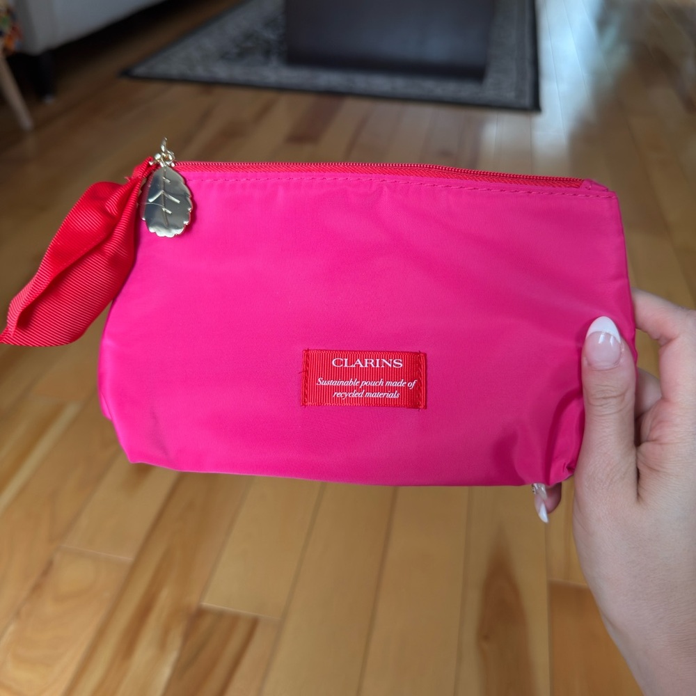 Clarins Fuchsia Cosmetic Pouch with Leaf Charm
